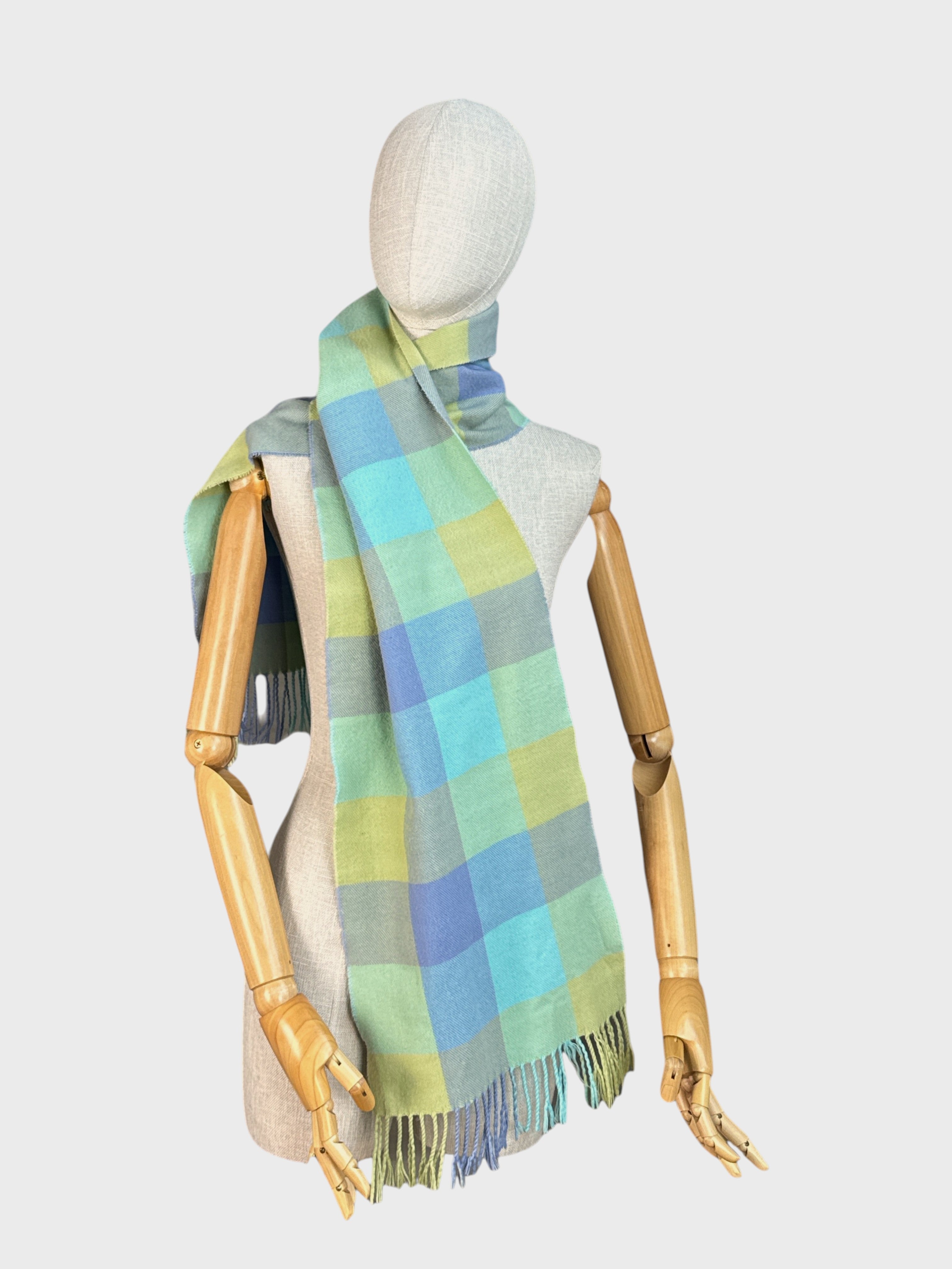 Checkered scarf, green, mauve, blue, cashmere blend