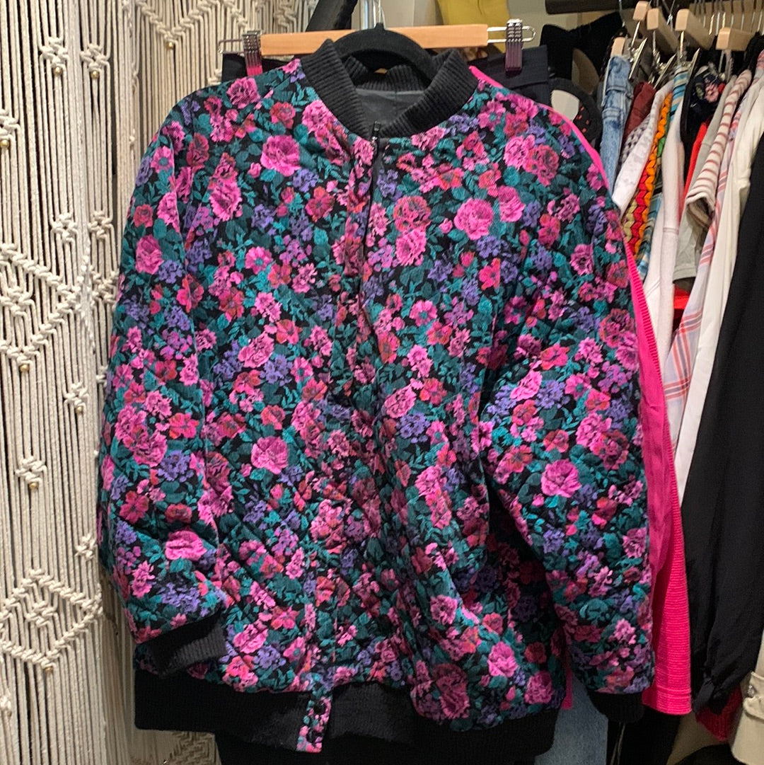 Purple and pink floral corduroy bomber jacket