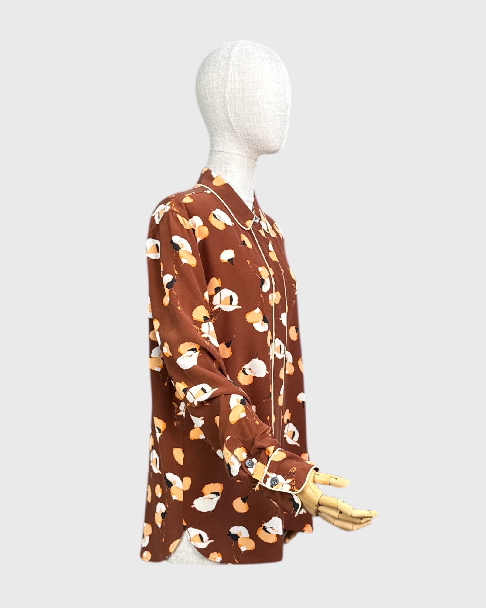 100% silk printed blouse, brown/orange/white, Equipment, L