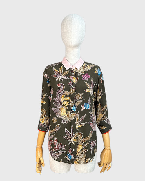 Chemise 100% soie motif fleurs et oiseaux Sandro, taille 1
